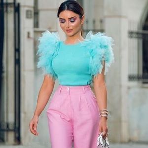 Zara | Tops | Zara Knit Top With Organza Ruffle Turquoise | Poshmark